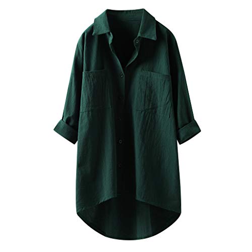 Luadnysin Musselin Bluse Damen Lang Langarm Pullover Mit Knopfleiste Long Stehkragen Longshirt Longbluse Frühling Mode Leinenbluse für Leggings, 3XL, Shirt Army Green, tunika damen sommer von Luadnysin