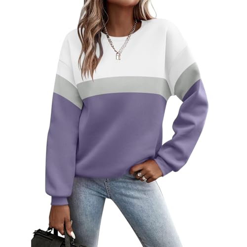 Luadnysin Pullover Damen Sweatshirt Farbblock Langarm Rundhals Pulli Herbst Winter Frauen Locker Casual Oberteil Sport Streetwear Sweatshirts ohne Kapuze Langarmshirt von Luadnysin