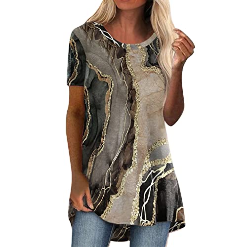 Luadnysin Tunika Damen Sommer Kurzarm Longbluse Oberteile Blumen Frühling Sommershirts Elegant Große Größen Longshirt Hemdbluse Lange Casual Locker Mode Tunika Tops Damenbluse Lässig Für Leggings von Luadnysin