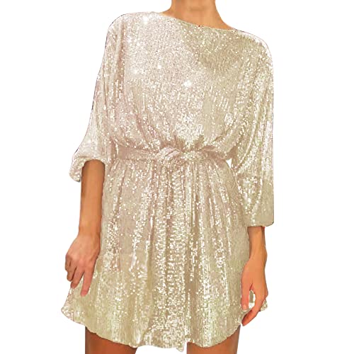 Pailettenkleider für Damen Glitzer Kleid Partykleid Hochzeit Cocktailkleid Elegant Sexy Hochzeitskleid Langarm Festlich Party Pailletten Kleider Glitzerkleid Abendkleid Silvester Outfit Gold Silber von Luadnysin