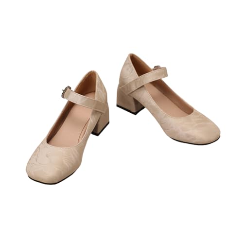 Pumps Damen Bequem Dicker Absatz Halbschuhe Mary Jane Schuhe Elegant Absatzschuhe Brautschuhe Arbeit Pumpen Trachtenschuhe Dirndl Kleid Beige 38 von Luadnysin