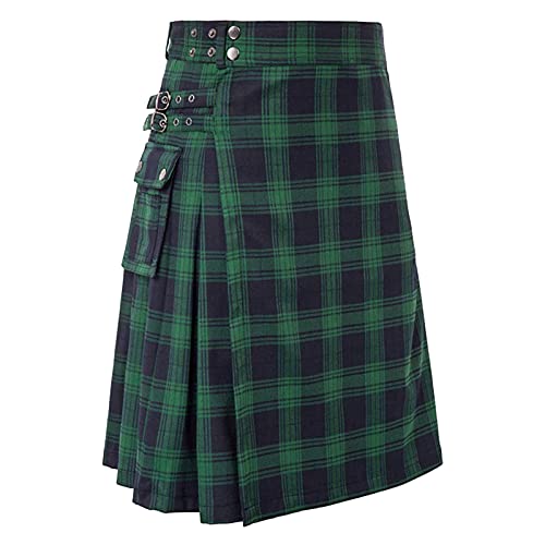 Schottenrock Herren Schottischer Kilt Klassischer Vintage Original Karierter Punk Rock Karo Kurzer Karierter Klassischer Mit Kontrasttaschen Schottischen Stil Individualität Goth Tartan Skirt Grün XXL von Luadnysin