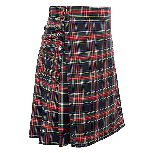 Schottenrock Herren Schottischer Kilt Klassischer Vintage Original Karierter Punk Rock Karo Kurzer Karierter Klassischer Mit Kontrasttaschen Schottischen Stil Individualität Goth Tartan Skirt Rot XXL von Luadnysin