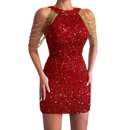 Silvester Kleid Damen Glitzer Party Cocktailkleid Glitzer Kleid Silvester Kleid Silvester Elegant Partykleid Abendkleider Paillettenkleid Knielang Hohe Taille Mini Pailletten Kleid Party Kleider von Luadnysin