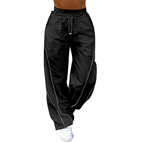 Y2K Baggy Lange Hosen Weites Bein Hip Hop Streetwear Track Pants Baggy Hose High Waist Y2K Parachute Pants Frauen Teenager Cargo Lose Mit Taschen Fallschirmhosen Cargohose Damen von Luadnysin