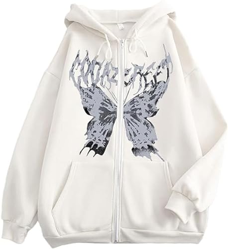 Zipper Hoodie Y2K Pullover Damen Butterfly Hoodie Aesthetic Streetwear Vintage Pullover Oversized Harajuku Sweatshirt Sweatjacke Mit Kapuze 90Er E-Girl Tops Kapuzenpullover Klamotten Teenager Mädchen von Luadnysin