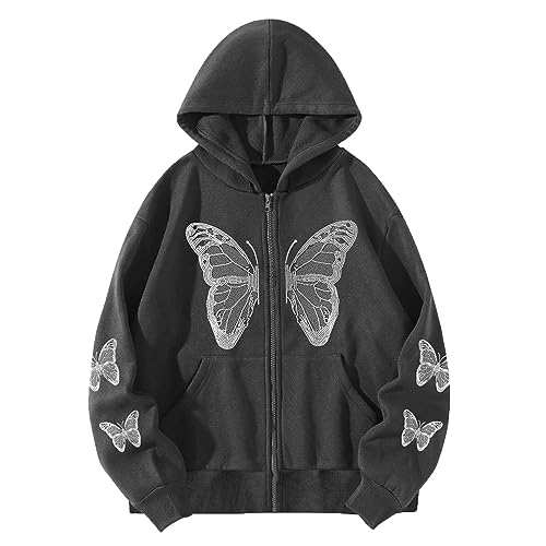 Zipper Hoodie Y2K Pullover Damen Butterfly Hoodie Aesthetic Streetwear Vintage Pullover Oversized Harajuku Sweatshirt Sweatjacke Mit Kapuze 90Er E-Girl Tops Kapuzenpullover Klamotten Teenager Mädchen von Luadnysin