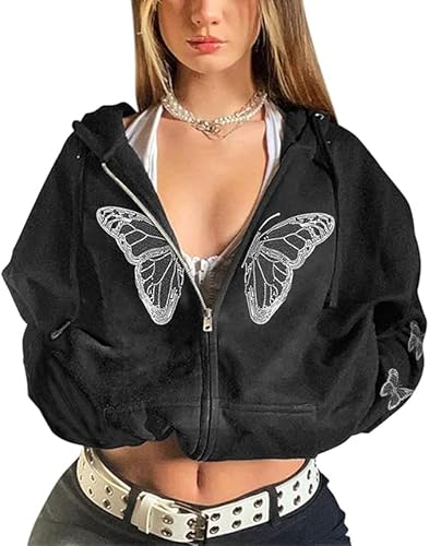 Zipper Hoodie Y2K Pullover Damen Butterfly Hoodie Aesthetic Streetwear Vintage Pullover Oversized Harajuku Sweatshirt Sweatjacke Mit Kapuze 90Er E-Girl Tops Kapuzenpullover Klamotten Teenager Mädchen von Luadnysin