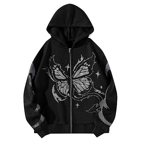 Zipper Hoodie Y2K Pullover Damen Butterfly Hoodie Aesthetic Streetwear Vintage Pullover Oversized Harajuku Sweatshirt Sweatjacke Mit Kapuze 90Er E-Girl Tops Kapuzenpullover Klamotten Teenager Mädchen von Luadnysin