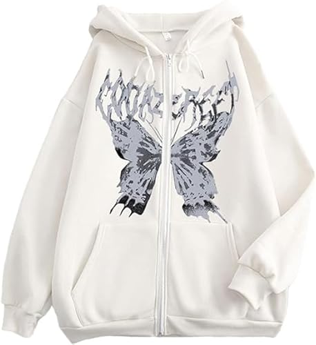 Zipper Hoodie Y2K Pullover Damen Butterfly Hoodie Aesthetic Streetwear Vintage Pullover Oversized Harajuku Sweatshirt Sweatjacke Mit Kapuze 90Er E-Girl Tops Kapuzenpullover Klamotten Teenager Mädchen von Luadnysin