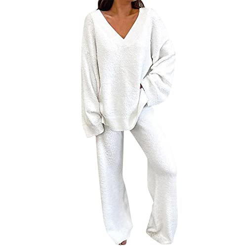 Zweiteiler Damen Elegant Lounge Wear Strickanzug Langarm Strickpullover + Lange Schlaghose Strickhose Sportanzug Lounge Set Freizeit Strick 2 teiler Winter Outfit Homewear Hausanzug Strickanzug von Luadnysin