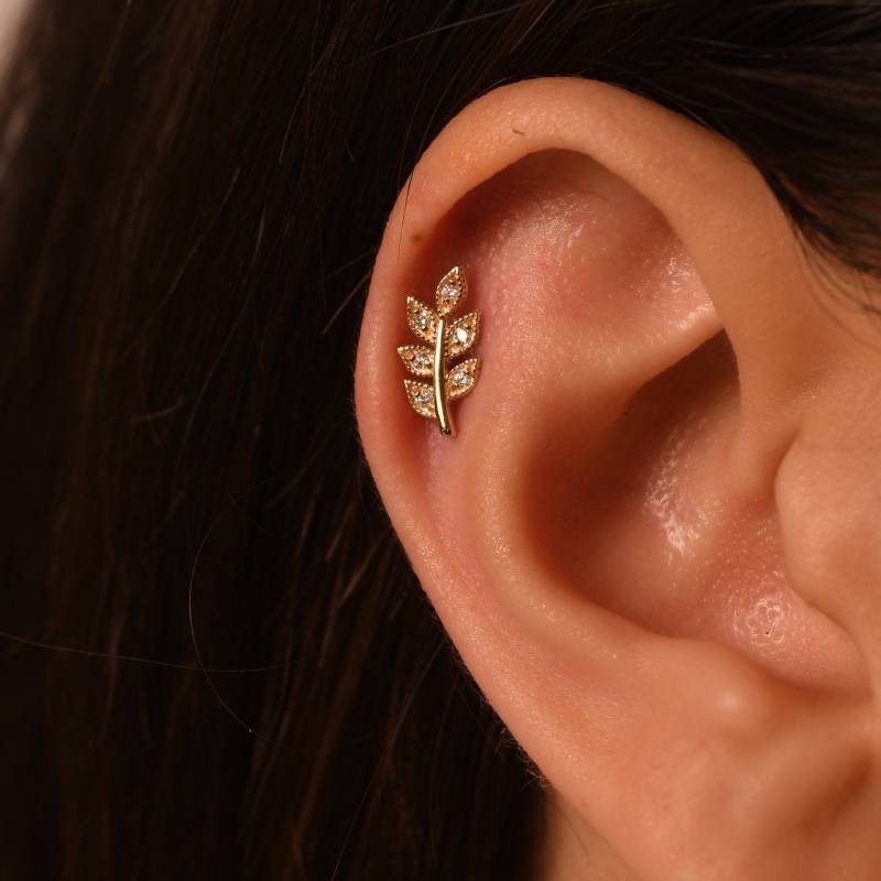 Blatt Tragus Ohrringe Aus 14K Echtgold Diamant, Ohrstecker, Olive Knorpel Diamant Conch Ohrring Bolzen 16G von LuanJewelry