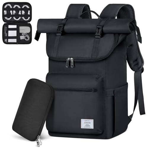 Lubardy Rolltop Rucksack Herren Damen Wasserdicht Rucksack Herren Laptop Rucksack 17,3 Zoll mit Kabeltasche Schulrucksack Daypacks für Uni Arbeit Reisen Freizeit 2 Teilige Set von Lubardy