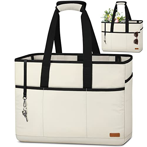 Lubardy Strandtasche XXL Familie Groß Damen Badetasche Shopper mit Reißverschluss Wasserdicht 40L Mehrere Taschen für Strand Reise Schwimmen Fitnessstudio Beige von Lubardy