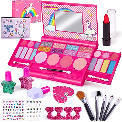 Lubibi Kinderschminke Set Mädchen, Waschbares, sicheres Make-up-Set für Kinder Mit Einhorn Kosmetiktasche, Nagellack, Einhorn-Geschenk für Mädchen 4 5 6 7 8 9 10 Mit Geschenkbox von Lubibi