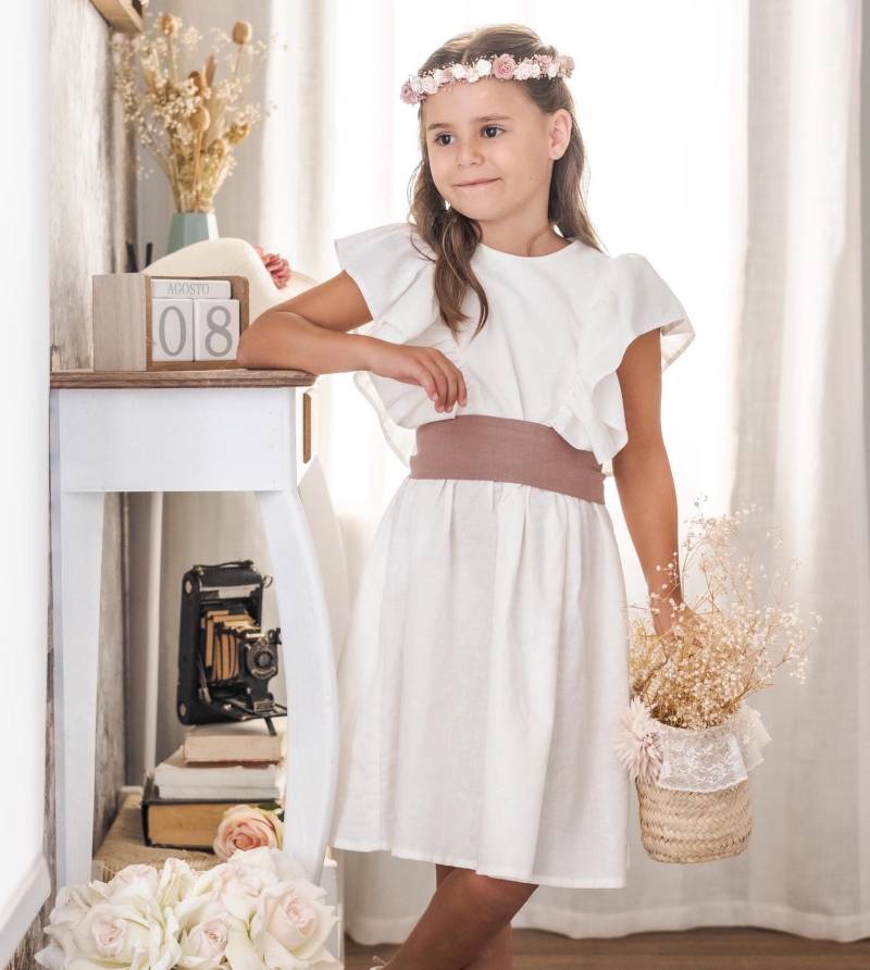 Kommunionkleid Mädchen Hochzeitsoutfit Blumenmädchenkleid Rüschenkleid - 2Tlg. Leinenkleid Weisses Mädchenkleid + Schleife, Gürtel von Lubukidz