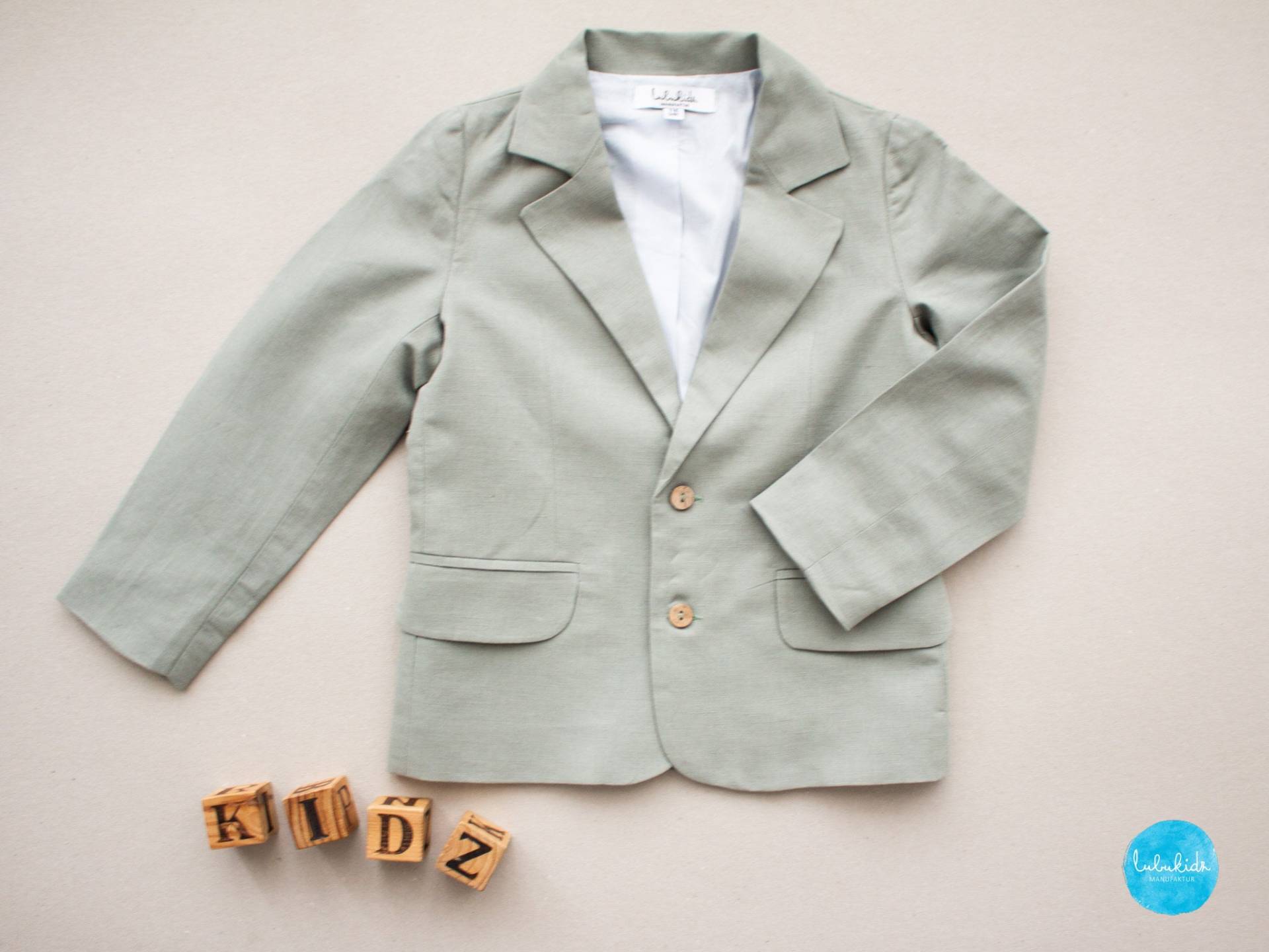 Sale - Gr. 122 Salbei Grüner Kinder Leinen Sakko, Jackett, Blazer Jungen Hochzeitsanzug, Ringträger Sakko von Lubukidz