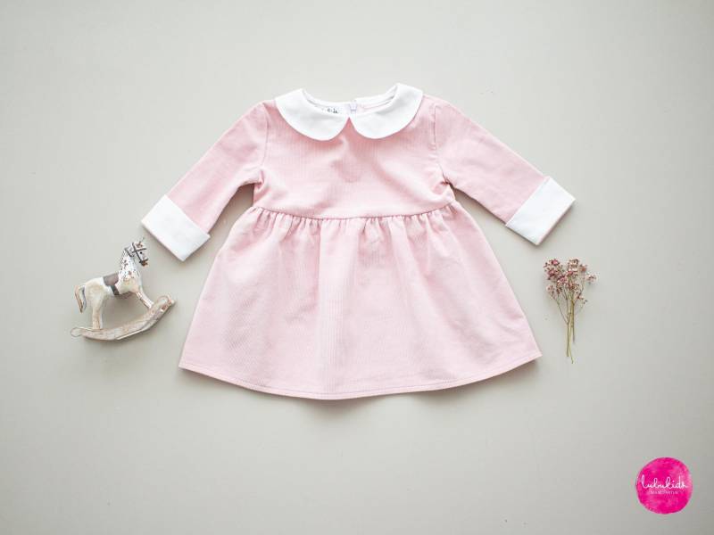 Sale - Gr. 68 Baby Mädchen Baumwollkleid, Festliches Kleid, Taufkleid, Taufoutfit, Mädchenkleid Rosa Cordkleid Mit Weißem Bubikragen von Lubukidz