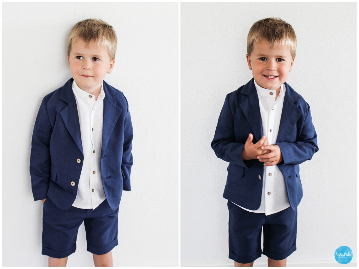 Sales - Gr. 122 | 7 Jahre Jungen Hochzeitsanzug, Ringträgeroutfit 3Tlg Dunkelblaues Leinen Outfit Shorts + Hemd Sakko von Lubukidz