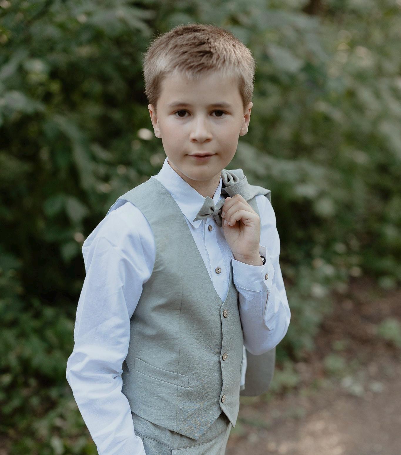 Sales Gr. 152 - Salbei Grüne Jungen Slim Fit Leinen Weste Für Hochzeitsanzug, Kommunionoutfit, Konfirmation, Ringträgeranzug, Page Boy von Lubukidz