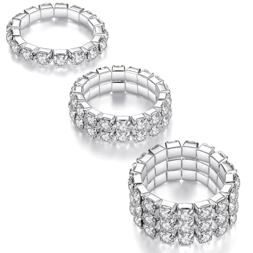LucBuy 3 STÜCKE Stretch-Ring-Set mit Strasssteinen, Modisches Kristall-Set Stapelbare Fingerringe, Süßer Zehenring, Silberner Diamant-Elastikband Ring, Funkelnder Daumenring für Damen (Silber) von LucBuy