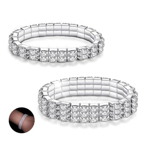 2 Stück Strass Stretch Armbänder,LucBuy Funkelnder Diamant-Tennisarmreif,Silberner Kristallfunkelnder Stapelbarer Brautarmband-Schmuck,Glänzendes Hochzeitsfest-Gummiband-Armband für Frauen von LucBuy