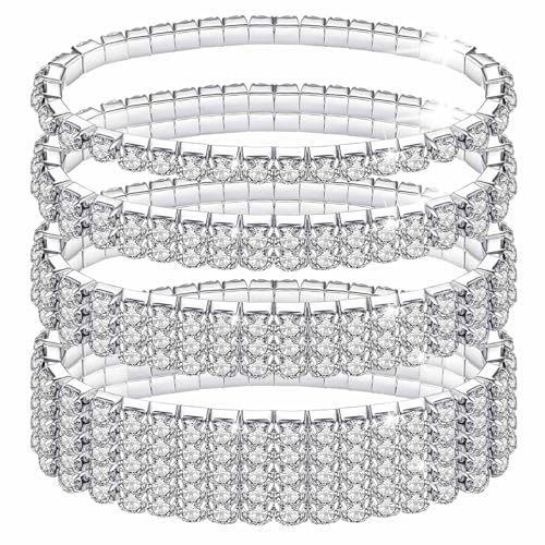 LucBuy 4 Stück Strass Stretch Armbänder, Funkelnder Diamant-Tennisarmreif,Silberner Kristallfunkelnder Stapelbarer Brautarmband-Schmuck,Glänzendes Hochzeitsfest-Gummiband-Armband für Frauen (A2) von LucBuy