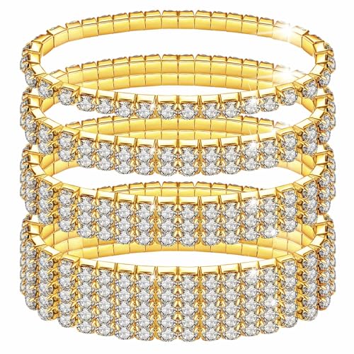 LucBuy 4 Stück Strass Stretch Armbänder, Funkelnder Diamant-Tennisarmreif,Silberner Kristallfunkelnder Stapelbarer Brautarmband-Schmuck,Glänzendes Hochzeitsfest-Gummiband-Armband für Frauen (A6) von LucBuy