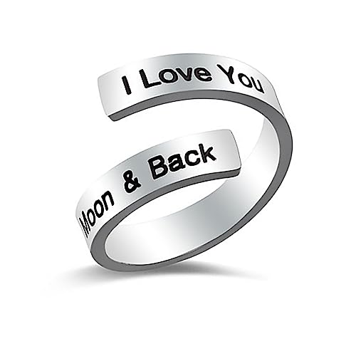 LucBuy Edelstahl Keep Eng Gravierte Inspirierende Geschenke Verstellbare Ringe Schmuck für Männer Frauen Teenager (I Love You To The Moon & Back - Silber) von LucBuy