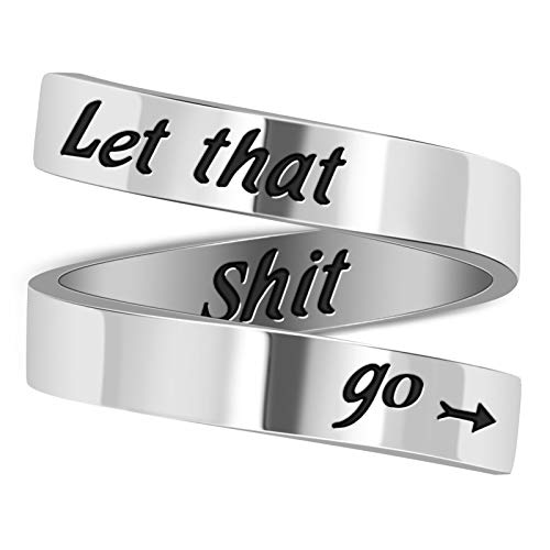 LucBuy Edelstahl Keep Eng Gravierte Inspirierende Geschenke Verstellbare Ringe Schmuck für Männer Frauen Teenager (Let that Shit go - Silber) von LucBuy