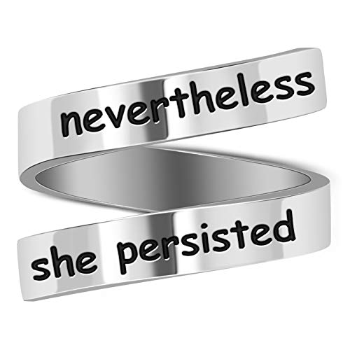 LucBuy Edelstahl Keep Eng Gravierte Inspirierende Geschenke Verstellbare Ringe Schmuck für Männer Frauen Teenager (Nevertheless She Persisted - Silber) von LucBuy