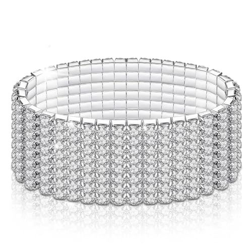 LucBuy Strass Stretch Armbänder, Funkelnder Diamant-Tennisarmreif,Silberner Kristallfunkelnder Stapelbarer Brautarmband-Schmuck,Glänzendes Hochzeitsfest-Gummiband-Armband für Frauen (A4) von LucBuy