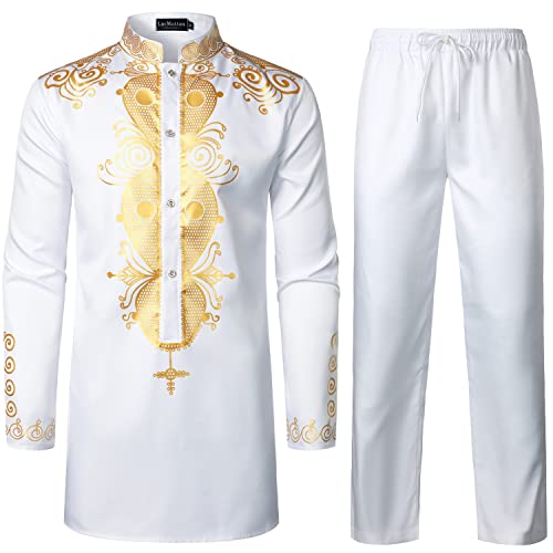 LucMatton Herren 2-teiliges Set mit goldfarbenem Druck, traditionelles Tunika-Hemd und Hose, ethnischer Dashiki-Anzug, afrikanische Kleidung, Weißgold, Größe XL, Weißgold A, X-Large von LucMatton