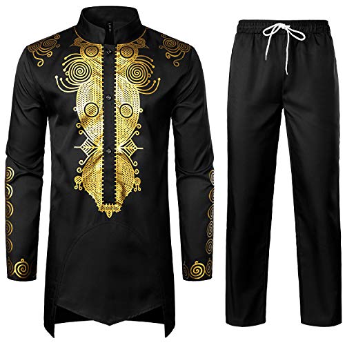 LucMatton Afrikanisches 2-teiliges Herren-Set, langärmelig, Golddruck, Dashiki und Hose, traditioneller Anzug, Schwarz, Größe XXL, Schwarz, XX-Large von LucMatton