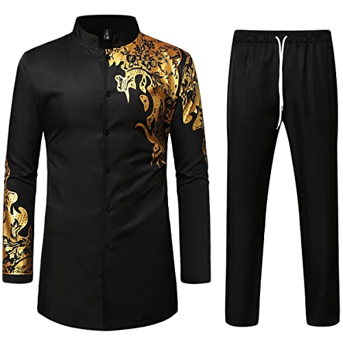 LucMatton 2-teiliges Set für Herren, langärmliges Hemd und Hose mit Knöpfen und traditionellem ethnischem Anzug, Gold Schwarz - a, XXL von LucMatton