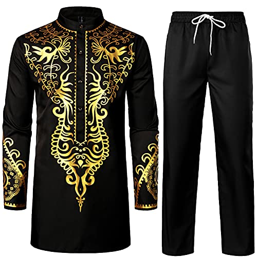 LucMatton Herren Afrikanisches 2-teiliges Set Langarm Gold Print Dashiki und Hose Outfit Traditioneller Anzug, Schwarz A, Large von LucMatton