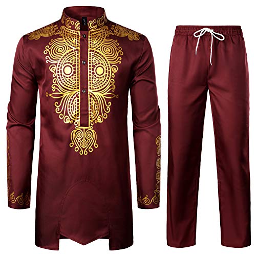 LucMatton Herren afrikanisches 2-teiliges Set Langarm Gold Print Dashiki und Hose Outfit Traditioneller Anzug, burgunderfarben, XL von LucMatton