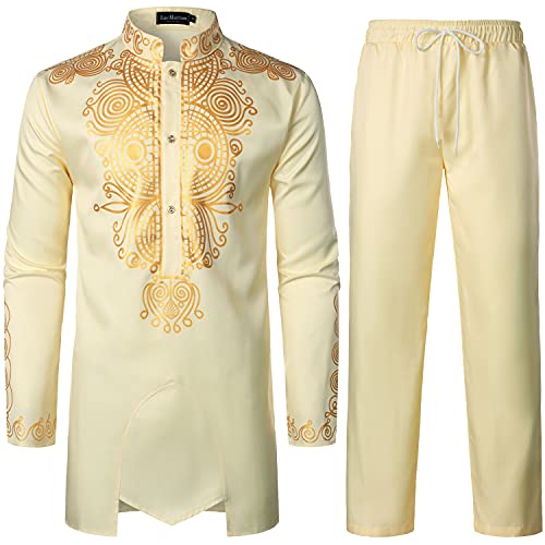 LucMatton Herren Afrikanisches 2-teiliges Set Langarm Gold Print Dashiki und Hose Outfit Traditioneller Anzug, elfenbeinfarben, XL von LucMatton