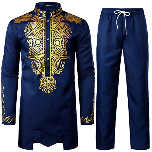 LucMatton Herren Afrikanisches 2-teiliges Set Langarm Gold Print Dashiki und Hose Outfit Traditioneller Anzug, indigoblau, Large von LucMatton