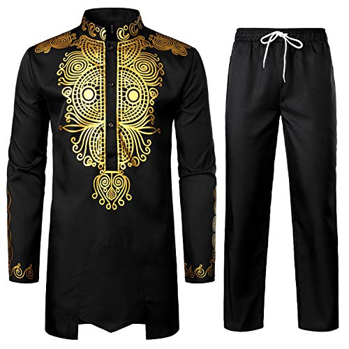 LucMatton Herren afrikanisches 2-teiliges Set Langarm Gold Print Dashiki und Hose Outfit Traditioneller Anzug, schwarz / goldfarben, L von LucMatton