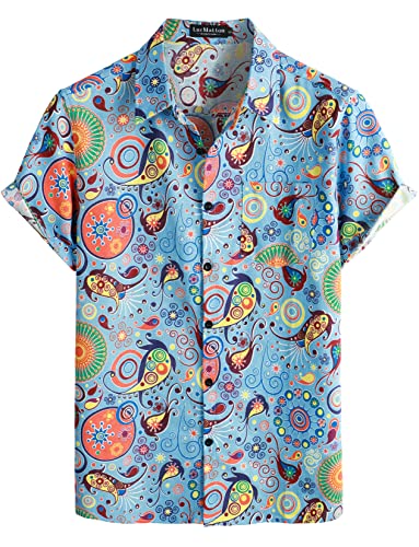 LucMatton Hawaiihemden für Herren, Baumwoll-Leinen, traditionelle Druckmotive, kurze Ärmel, Knopfleiste, blau, M von LucMatton