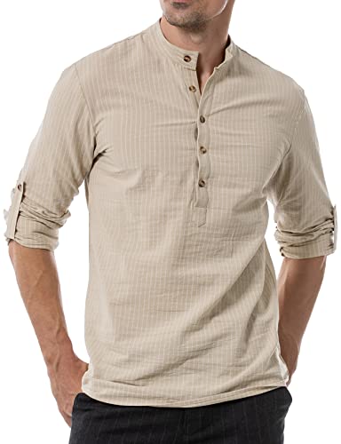 LucMatton Herren Baumwolle Retro Stil Roll-up Langarm Shirt Casual Leinenähnliche Henley Tops, Khaki-b, XL von LucMatton