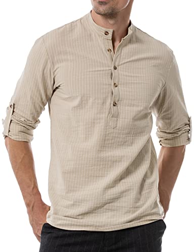 LucMatton Herren Baumwolle Retro Stil Roll-up Langarmshirt Casual Leinenähnliche Henley Tops, Khaki-b, XL von LucMatton