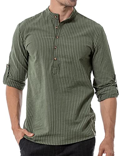 LucMatton Herren Baumwolle Retro Stil Roll-up Langarm Shirt Casual Leinenähnliche Henley Tops, Armee-Grün-b, M von LucMatton