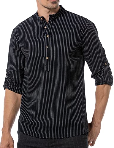 LucMatton Herren Baumwolle Retro Stil Roll-up Langarmshirt Casual Leinenähnliche Henley Tops, Black-B, XXL von LucMatton