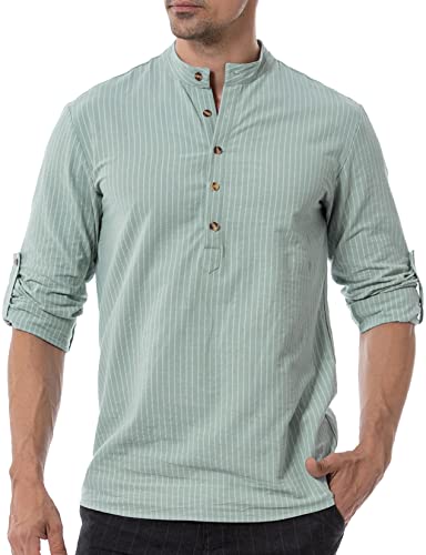 LucMatton Herren Baumwolle Retro Stil Roll-up Langarmshirt Casual Leinenähnliche Henley Tops, Eisgrün-B, M von LucMatton