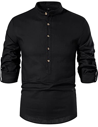 LucMatton Herren Baumwolle Retro Stil Roll-up Langarm Shirt Casual Leinenähnliche Henley Tops, Schwarz , L von LucMatton