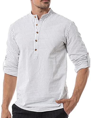 LucMatton Herren Baumwolle Retro Stil Roll-up Langarm Shirt Casual Leinenähnliche Henley Tops, White-B, XXL von LucMatton