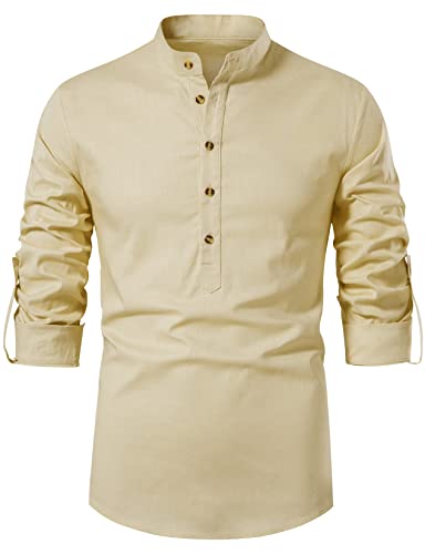 LucMatton Herren Baumwolle Retro Stil Roll-up Langarm Shirt Casual Leinen-Like Henley Tops, beige, L von LucMatton
