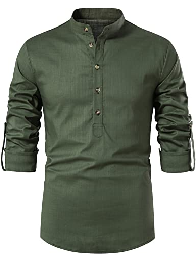LucMatton Herren Baumwolle Retro Stil Roll-up Langarm Shirt Casual Leinenähnliche Henley Tops, grün, XXL von LucMatton
